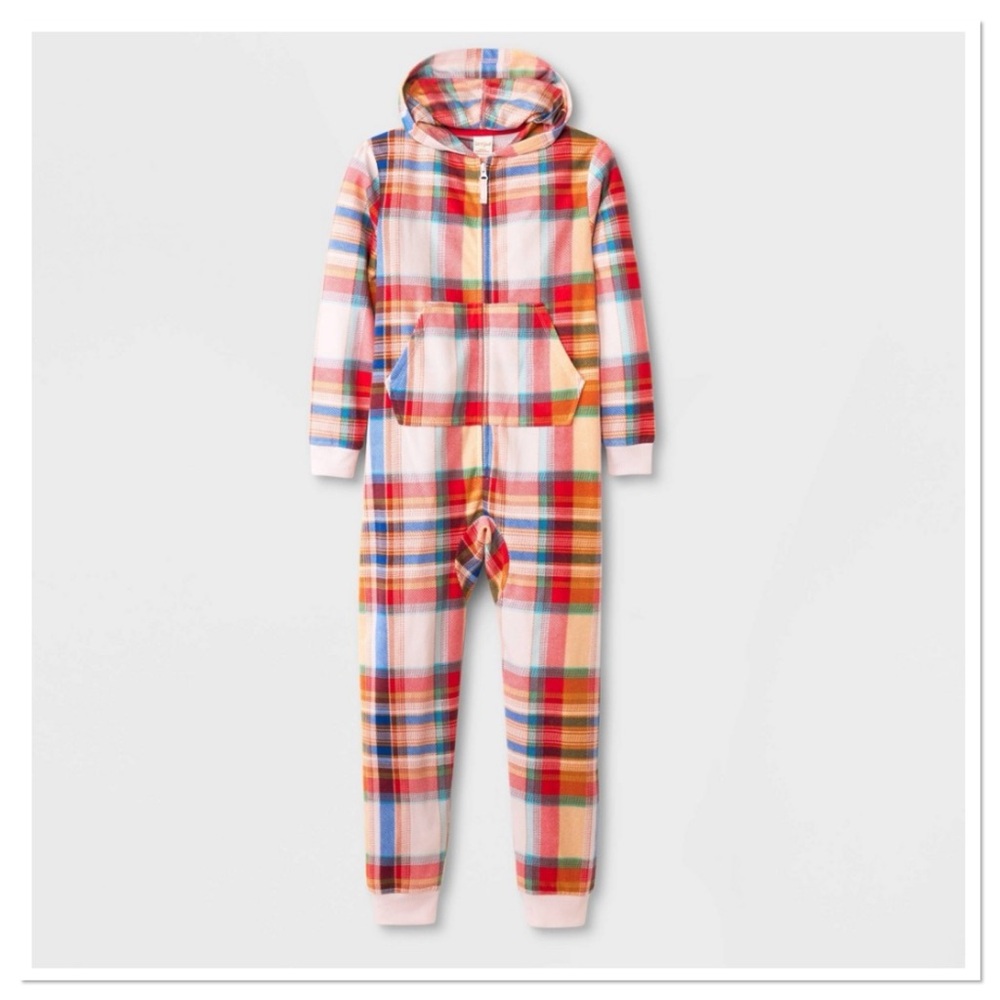 Girl’s Printed Union Suit Cat & Jack Multicolor Plaid Hooded Jumpsuit Pajamas